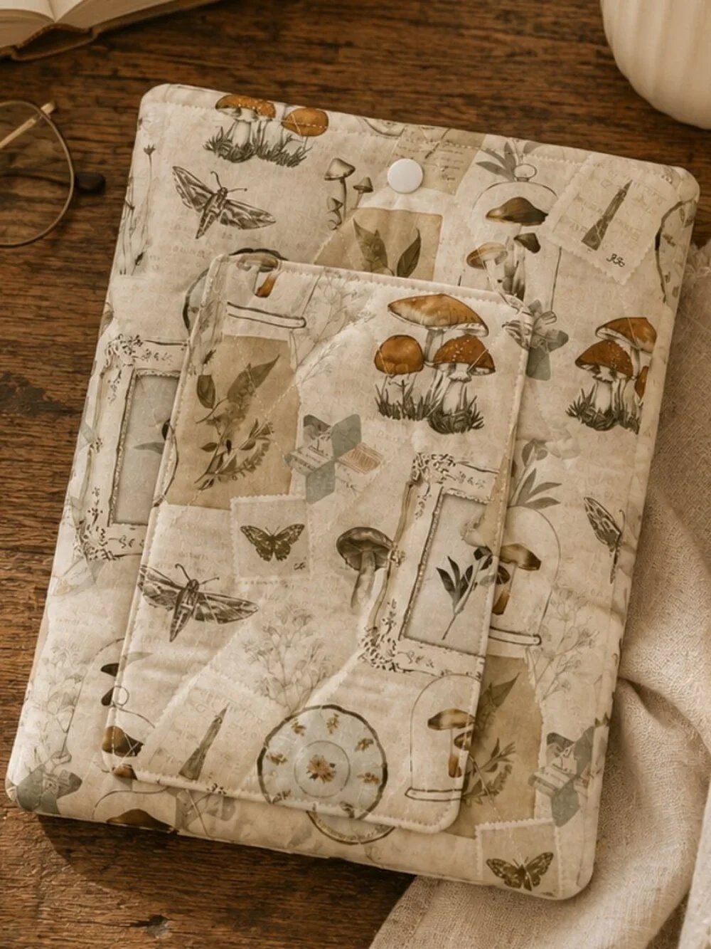 Mushroom Botanical Quilted Book Sleeve | Cottagecore iPad Kindle Cover |